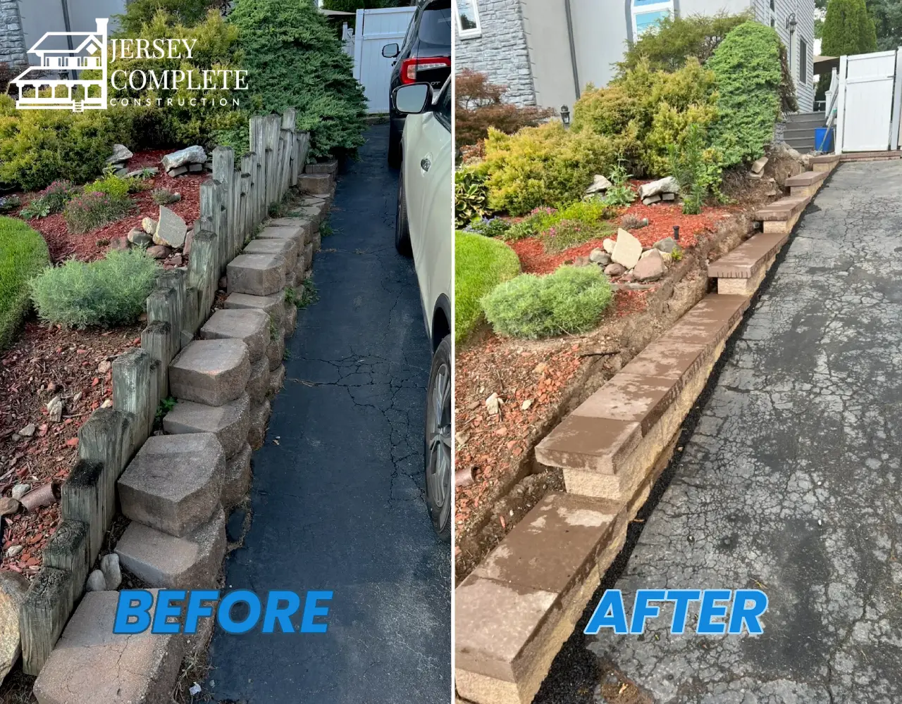 Before and After Transformation in Residential Home Retaining Wall Construction NJ